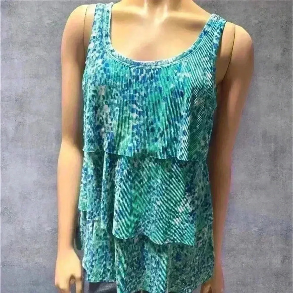 Yves Women's Sleeveless Tiered Tank Top - Blue & Green Abstract Print size M - Picture 3 of 10